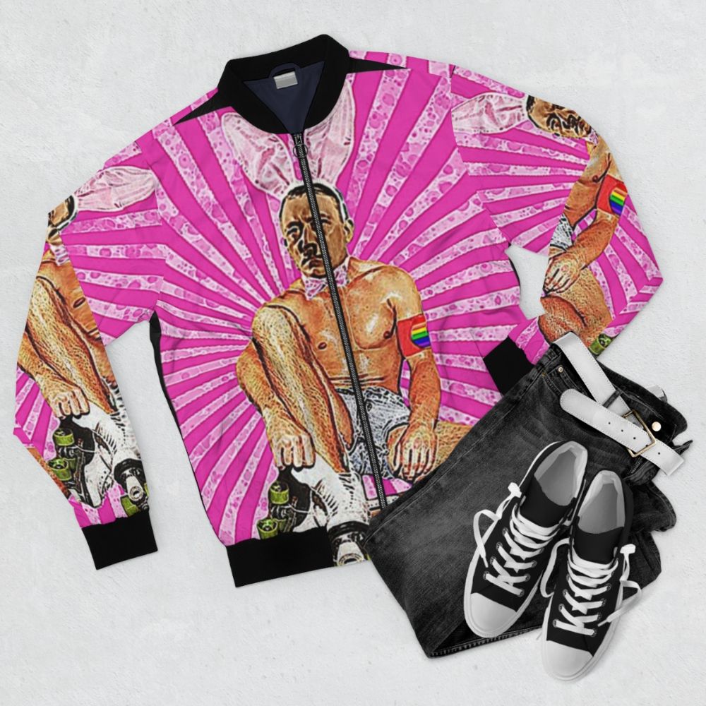 "Bomber jacket with a humorous design featuring a 'roller boy' and Hitler-inspired graphics" - Flat lay