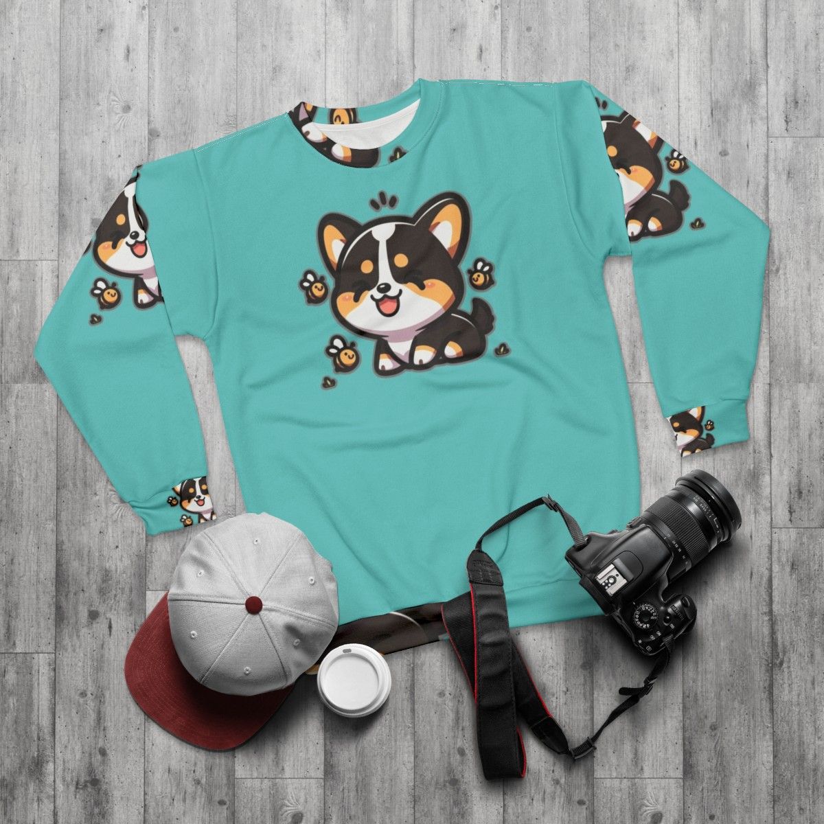 Tricolor Corgi with Bee Print Sweatshirt - flat lay