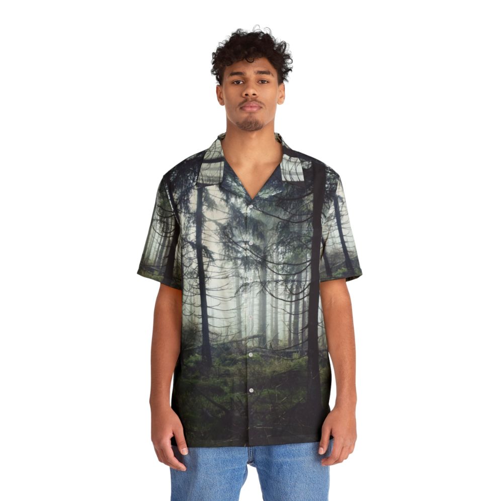 Enchanting forest Hawaiian shirt featuring a misty, nature-inspired landscape - People Front