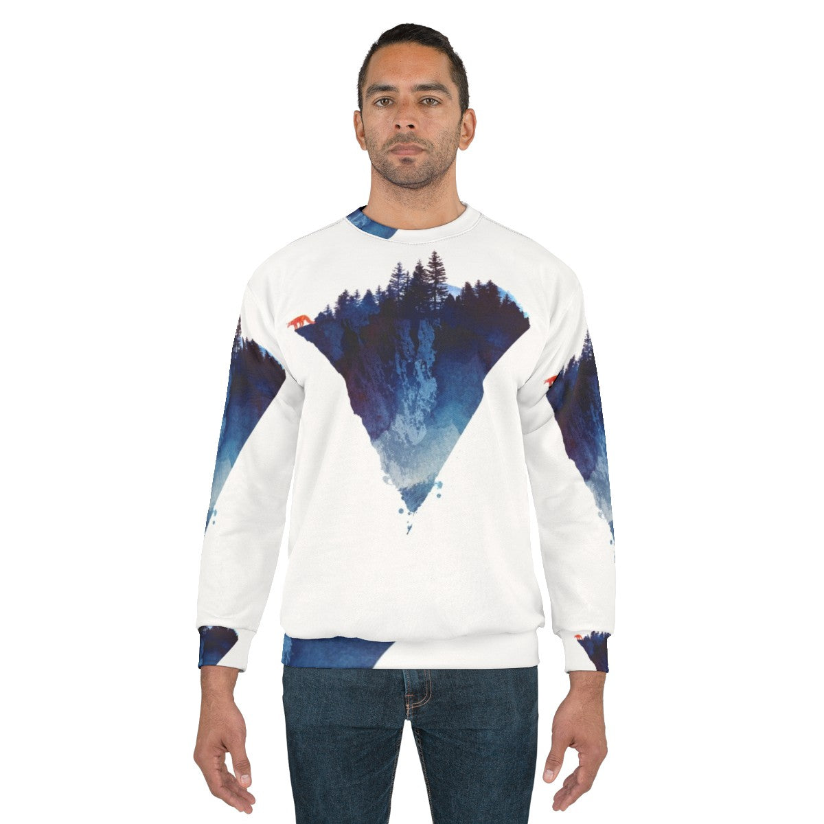 Watercolor forest sweatshirt with a majestic fox - men