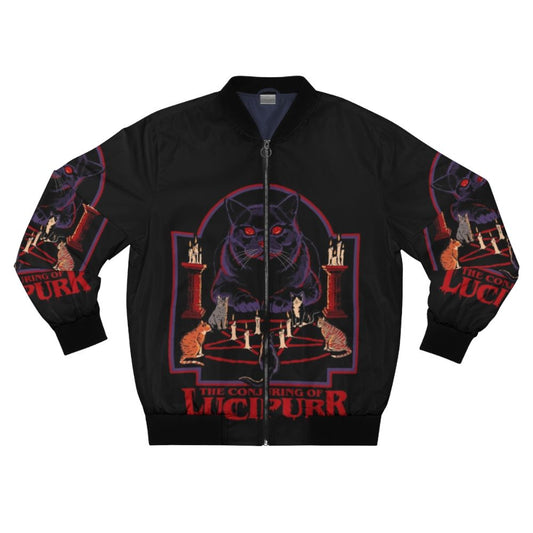 Stylish bomber jacket featuring a horror-themed pentagram design with cats, occult symbols, and fire effects