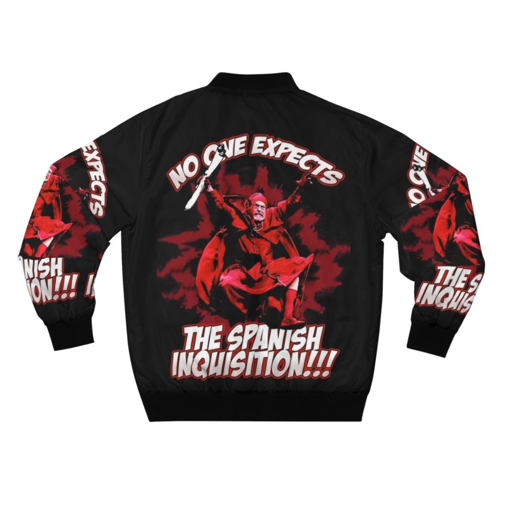 A bomber jacket featuring the famous "No one expects the Spanish Inquisition!" quote from Monty Python - Back