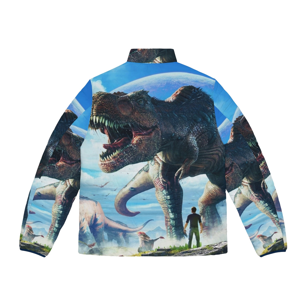 Ark Survival Evolved T-Rex Puffer Jacket featuring dinosaur graphics and outdoor-inspired design - Back