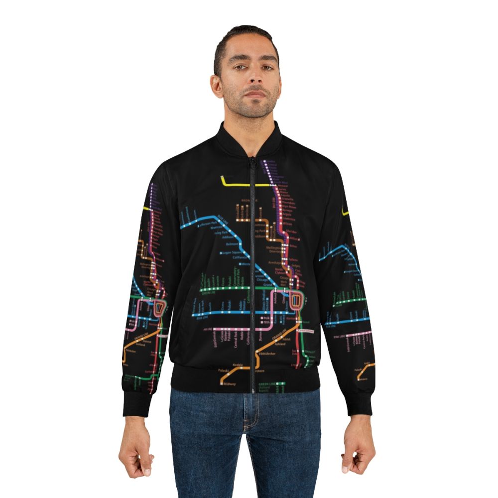 Chicago Trains Map Bomber Jacket featuring a graphic design of the CTA rail map - Lifestyle