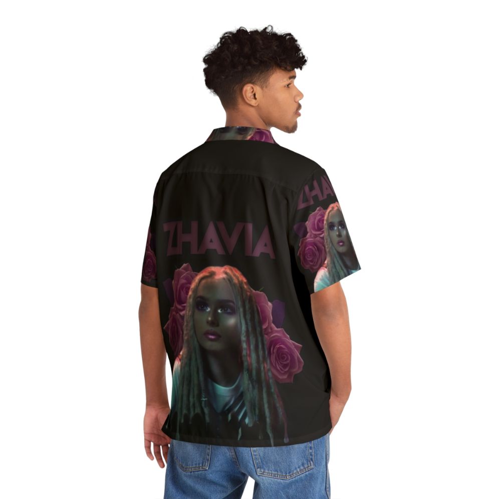 Zhavia Wearing a Tropical Floral Hawaiian Shirt - People Back