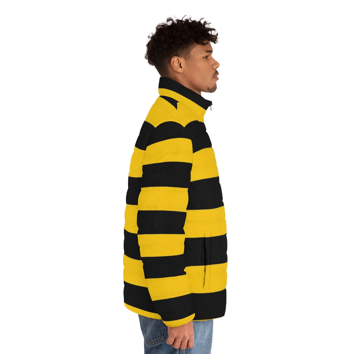 Bumblebee-inspired puffer jacket with yellow and black stripes - men side right