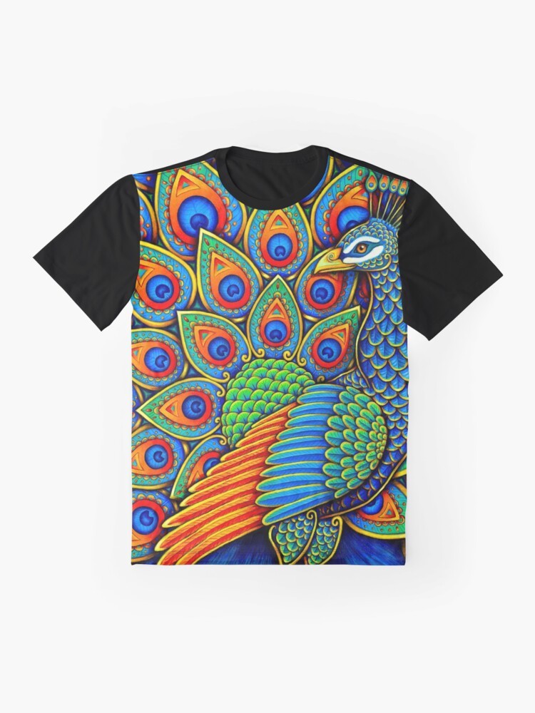 Colorful paisley peacock and rainbow graphic design on a t-shirt - Flat lay