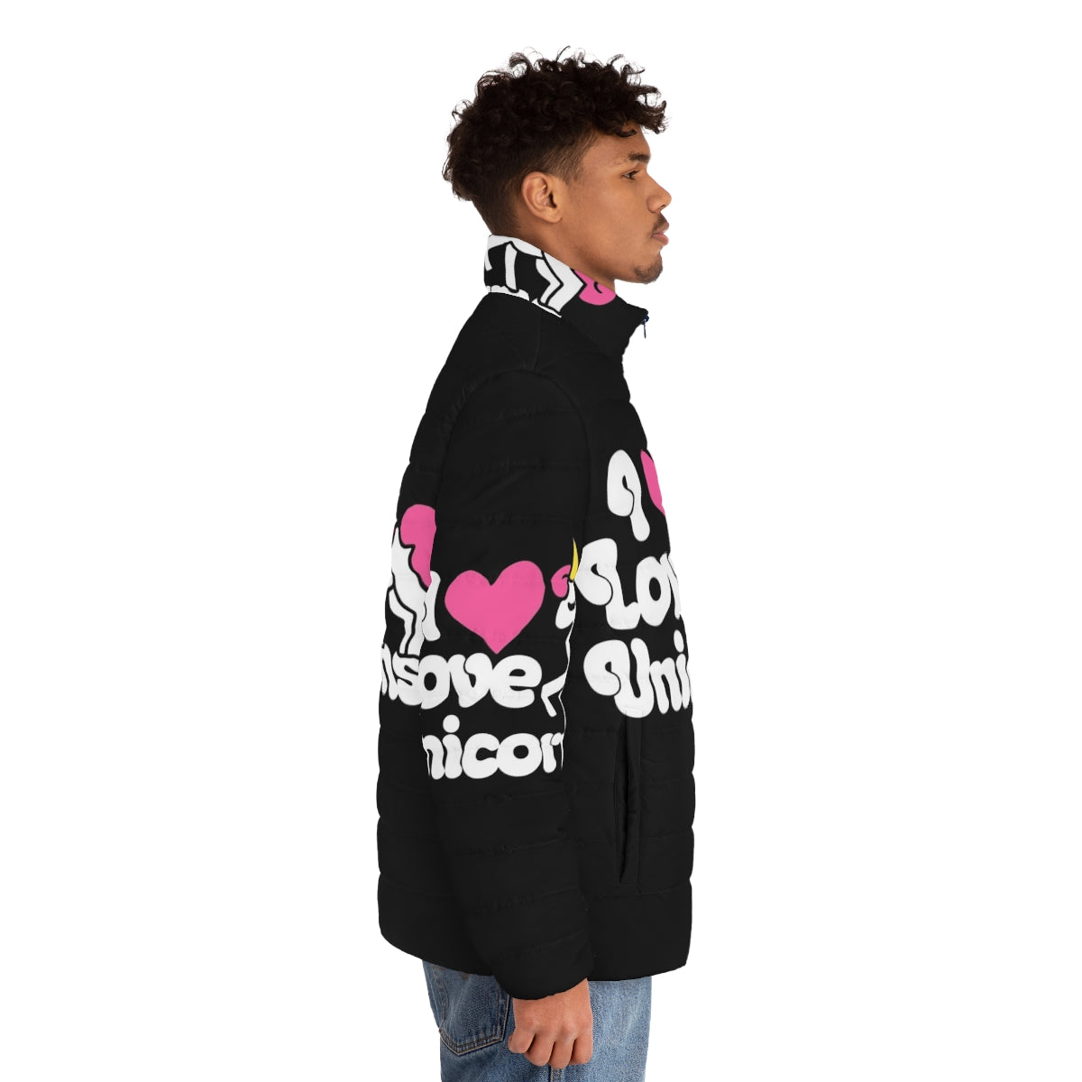 Woman wearing a pink puffer jacket with a whimsical unicorn print design - men side right