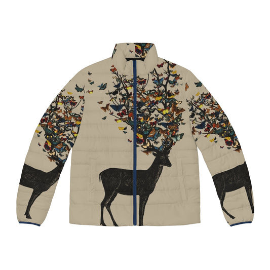 Colorful puffer jacket with wildlife and nature-inspired design