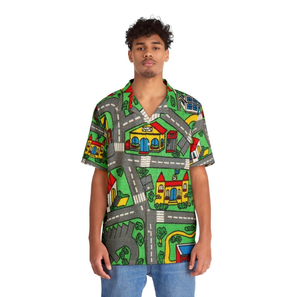 Children's Hawaiian Shirt with Awesome Car Race Track Playmat Design - People Front