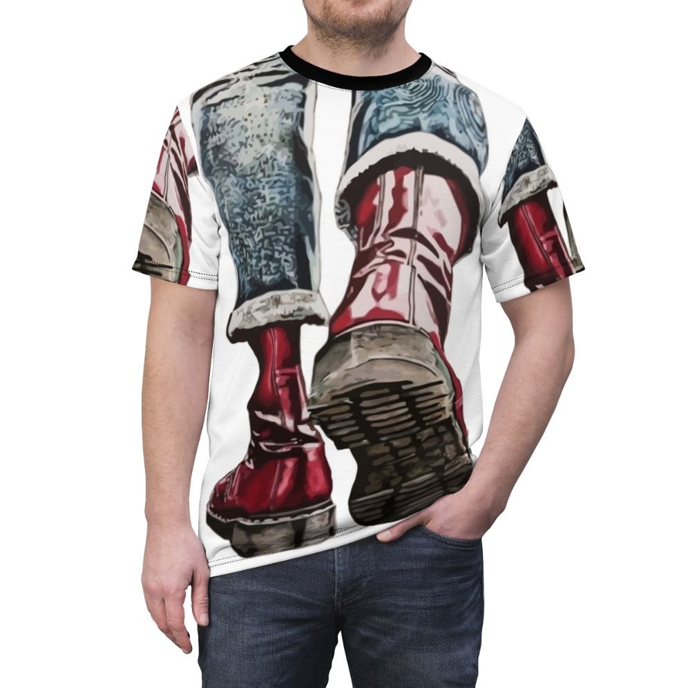 Stylish Skinhead Boots AOP T-Shirt featuring a bold and vibrant all-over print design - men front