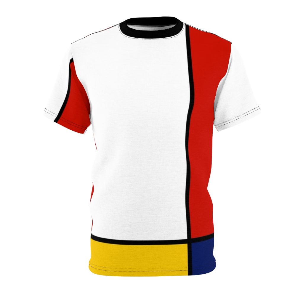 Vibrant abstract Mondrian-style geometric art design printed on a high-quality t-shirt.