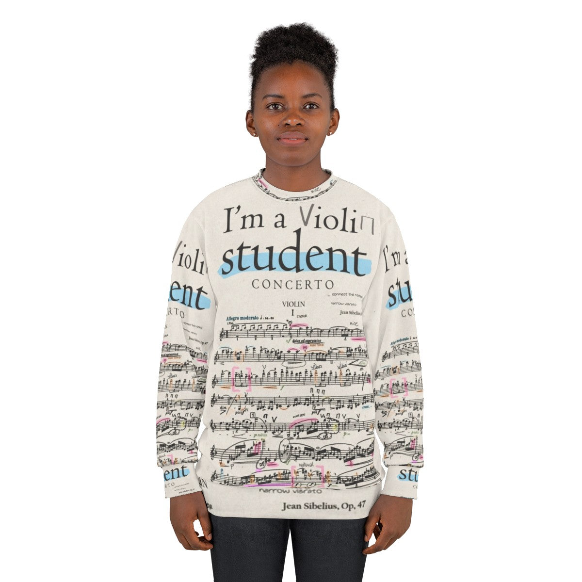 Violin student sweatshirt with classical music notes and design - women