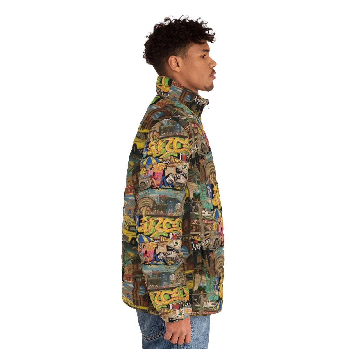 A warm and fashionable puffer jacket with the iconic "I Love NY" design - men side right