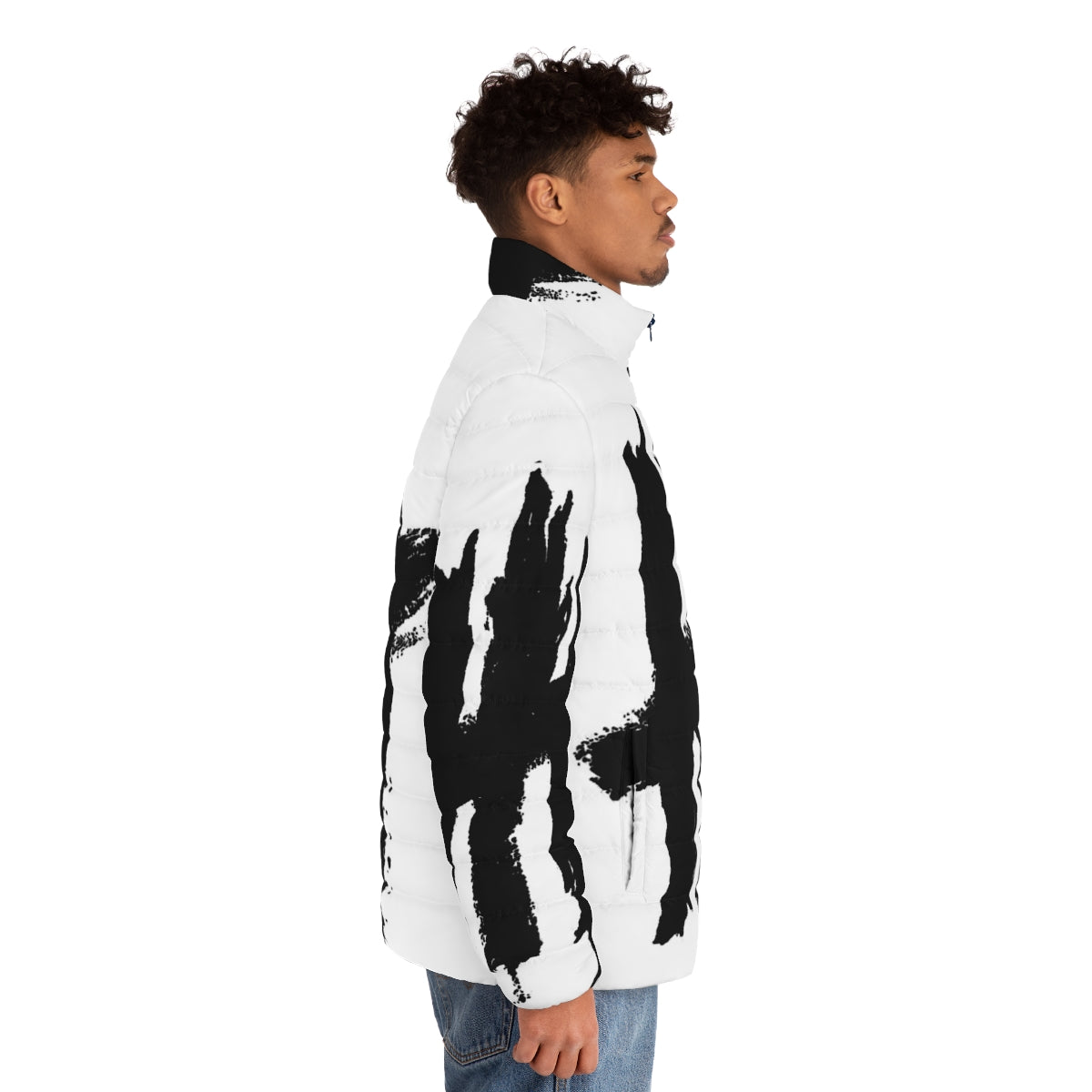 New Politics Puffer Jacket featuring a stylish black and white band logo design - men side right