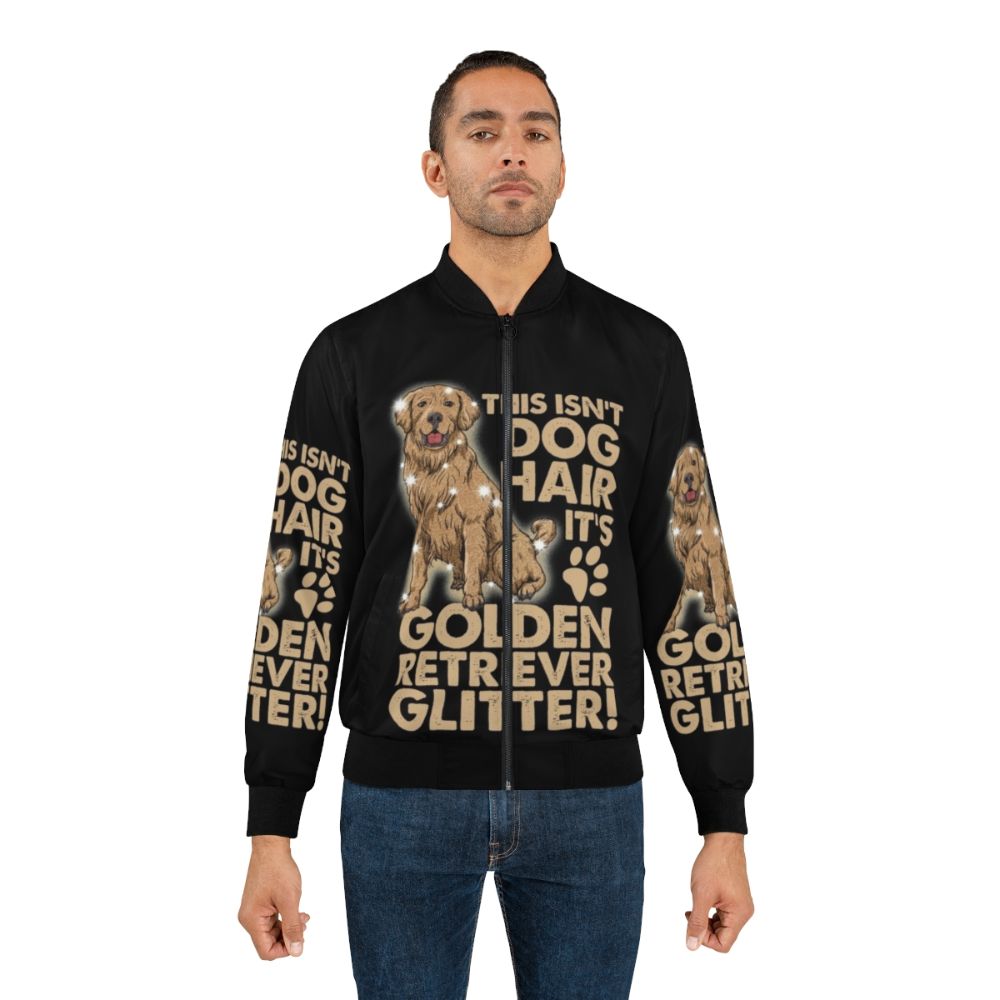 Golden retriever dog wearing a glitter bomber jacket - Lifestyle