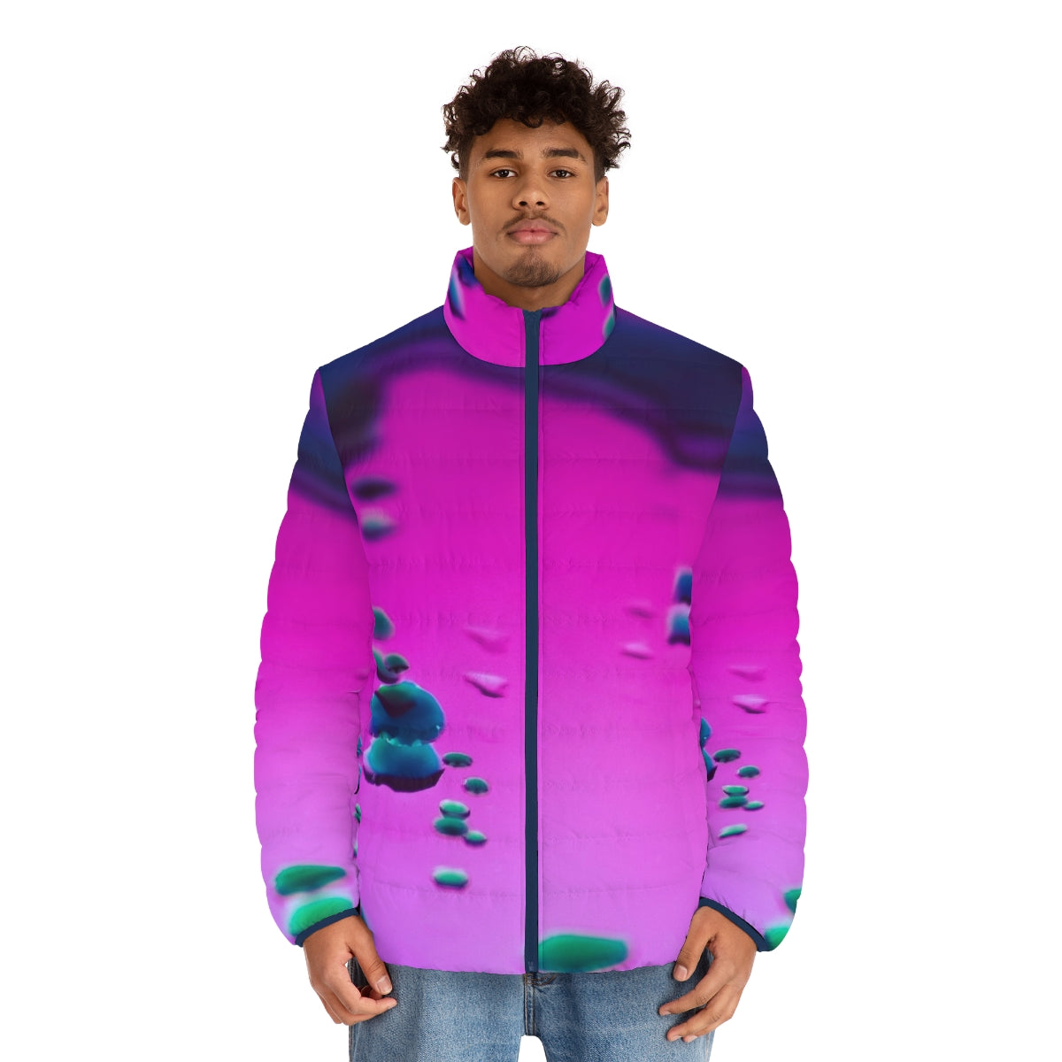 Psychedelic iridescent puffer jacket with trippy, dreamy abstract design - men front