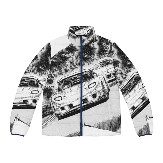 Initial D Rx7 vs Supra V2 Puffer Jacket featuring iconic anime and automotive graphics