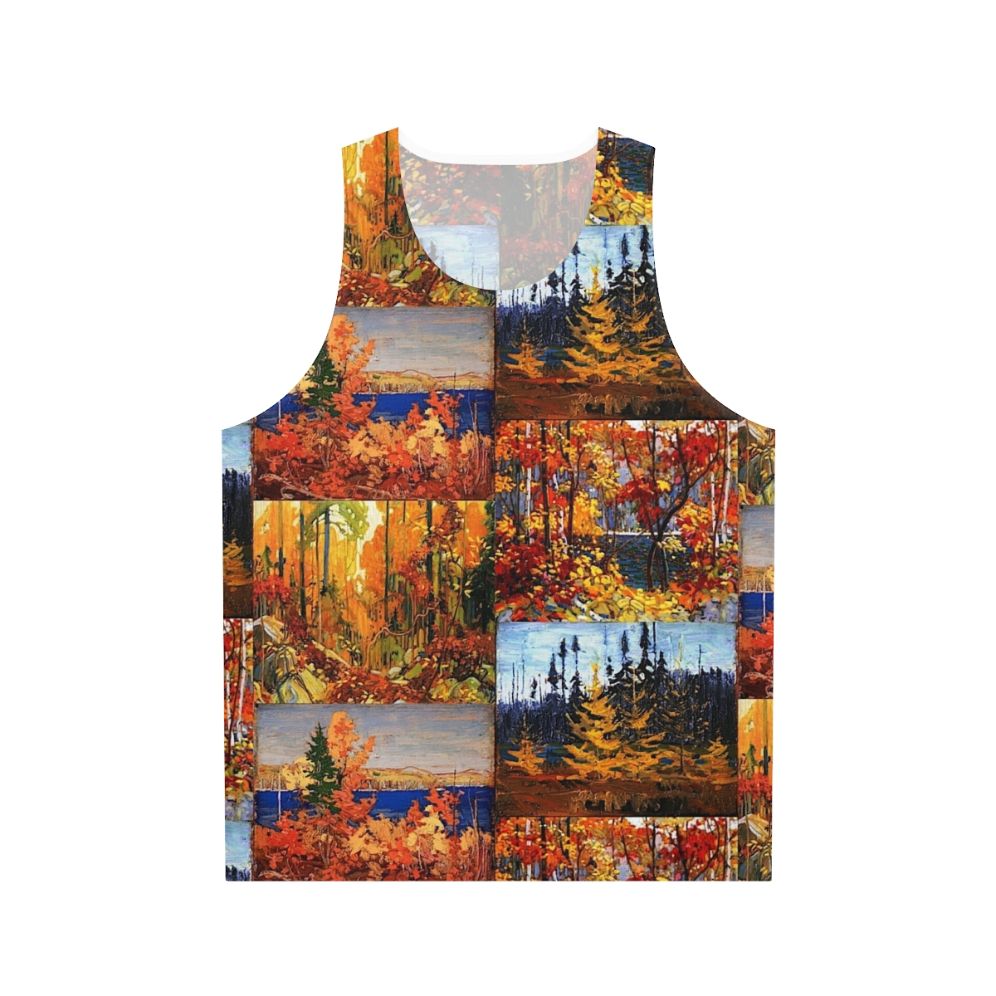 Unisex tank top featuring autumn foliage inspired by Canadian artist Tom Thomson