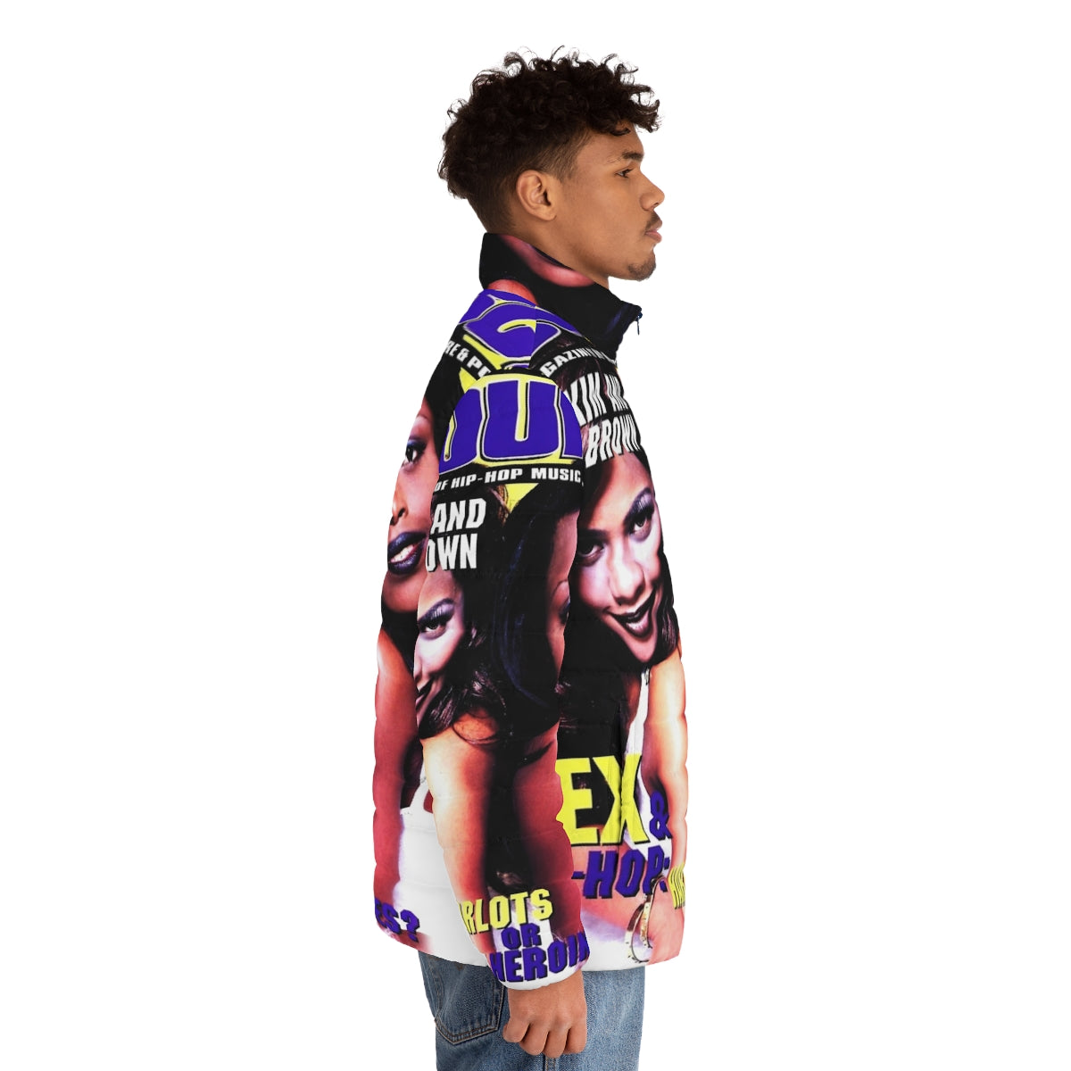 90s puffer jacket featuring black and white illustrations of hip hop and rap music artists - men side right