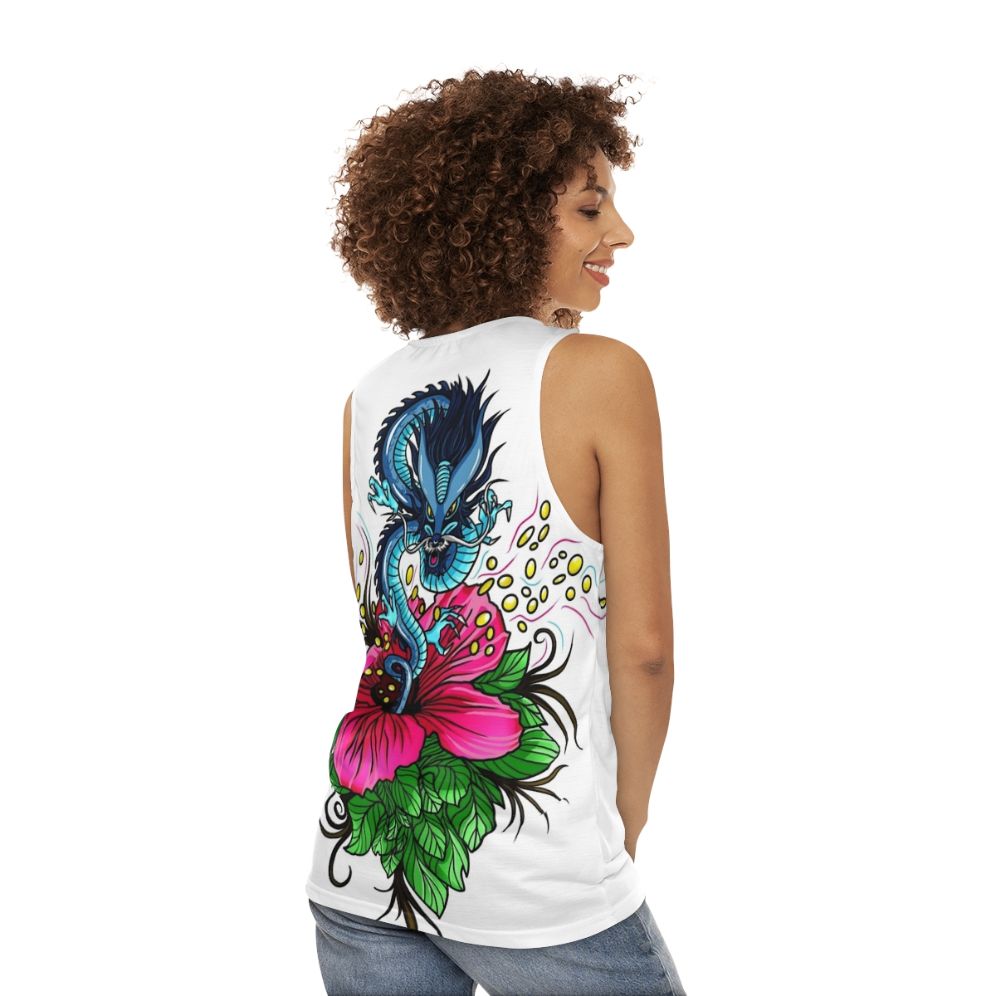 Unisex tank top featuring a dragon with hibiscus flowers - women back