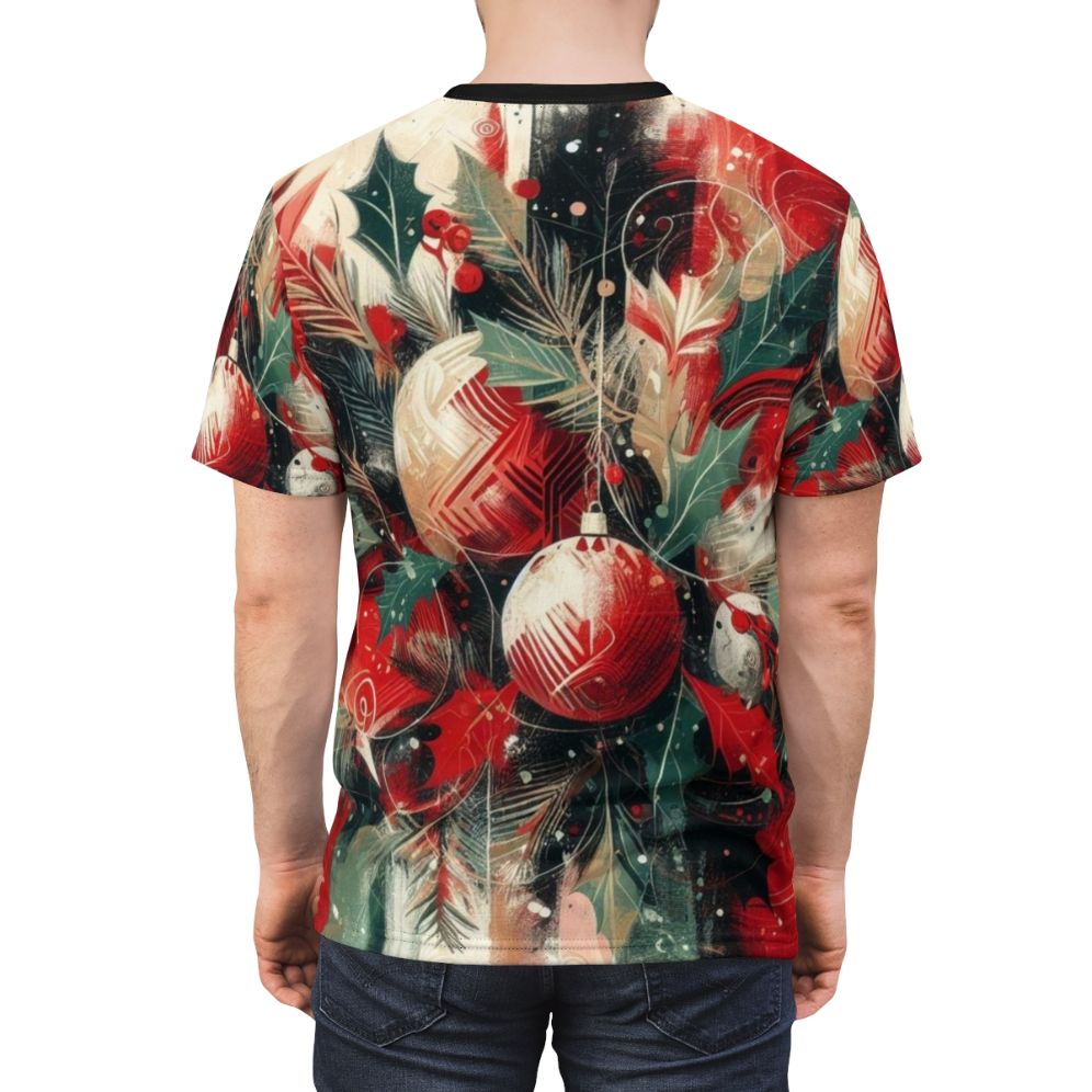 Person wearing a t-shirt with a Christmas decorations design, showcasing the festive spirit of the holiday season. - men back