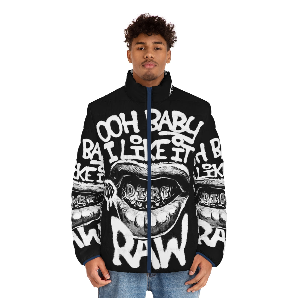 Odb inspired "Ooh Baby I Like It Raw" graphic puffer jacket with graffiti and halftone print design - men front