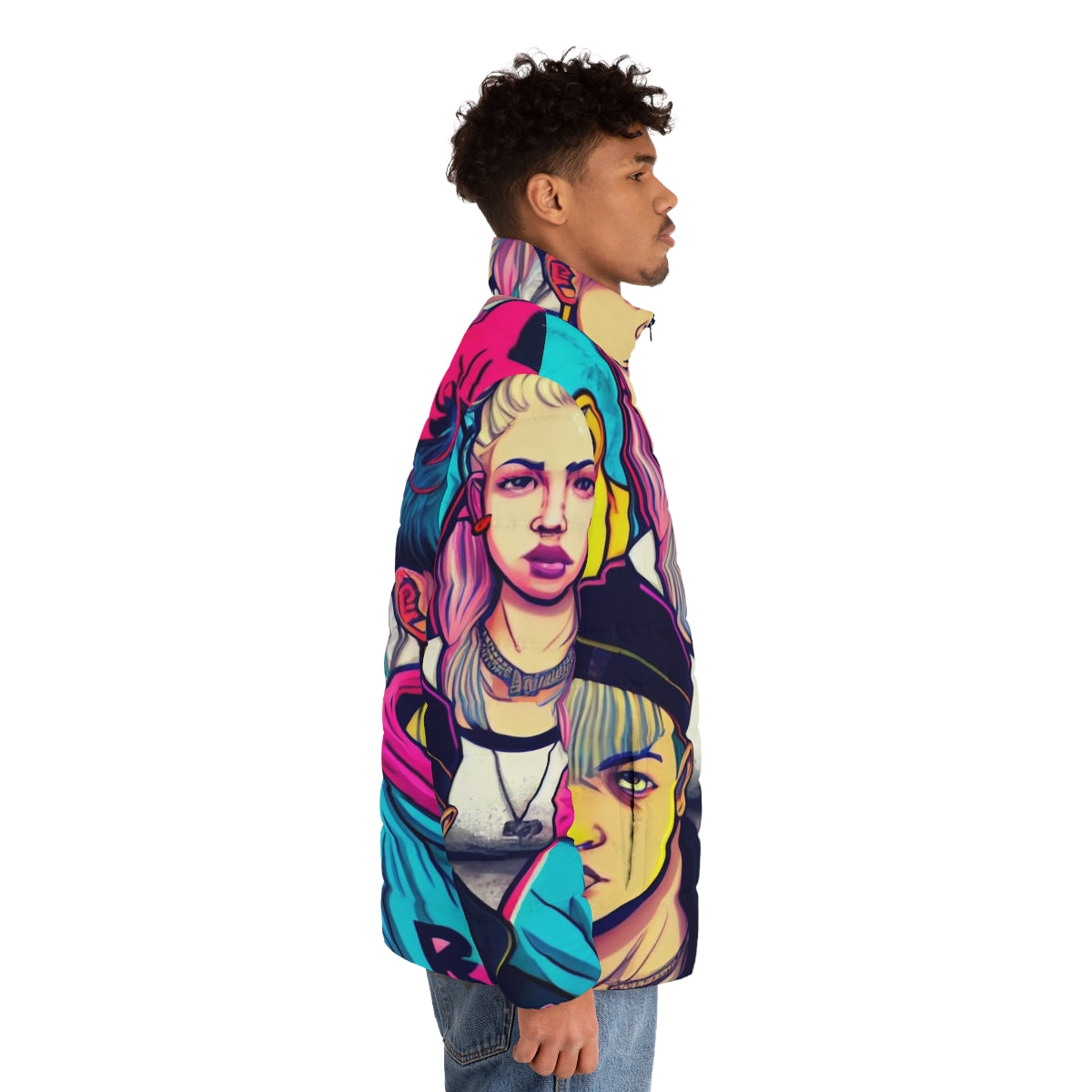 Young Royals inspired cyberpunk manga style puffer jacket - men side right