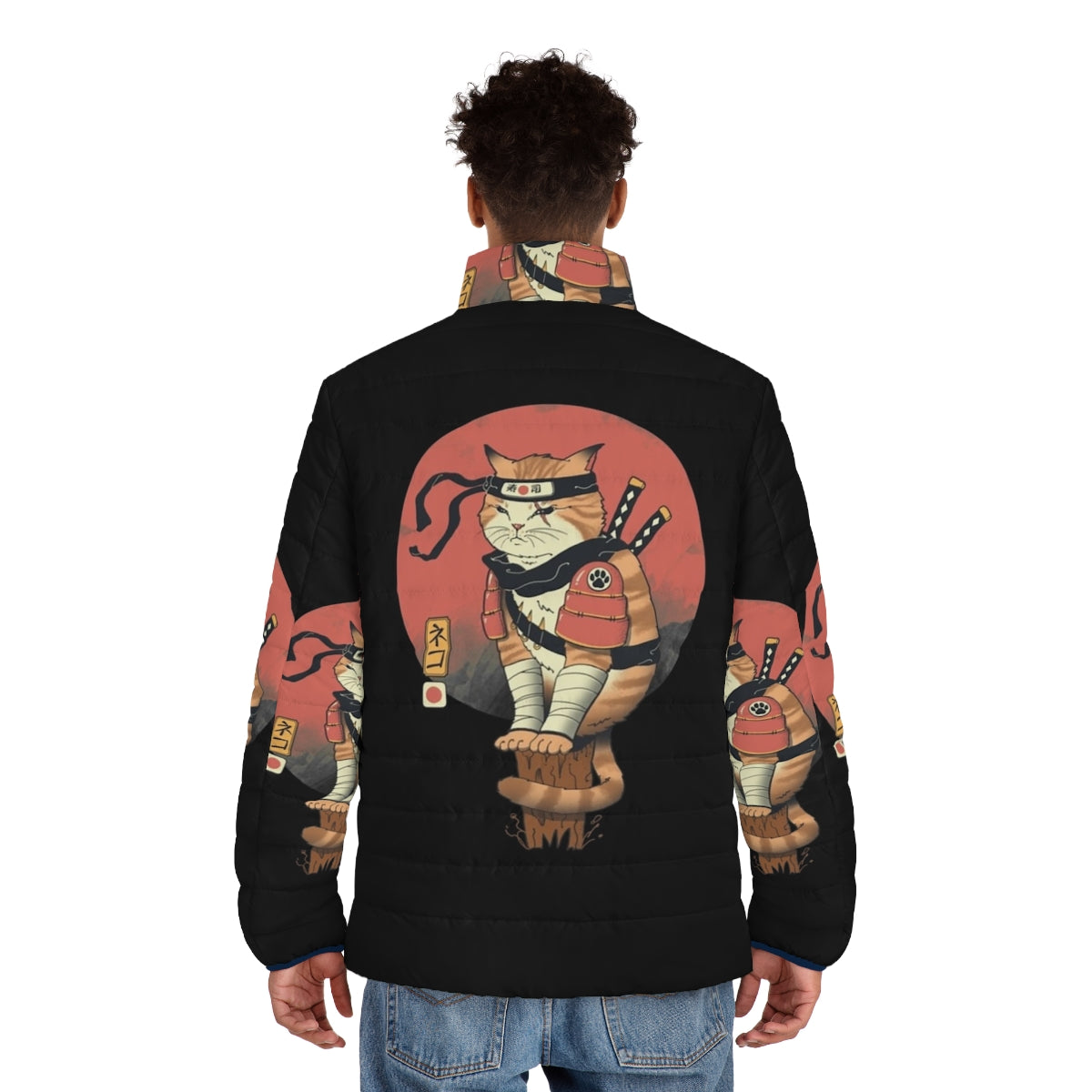 Shinobi cat wearing a puffer jacket in the style of traditional Japanese art - men back