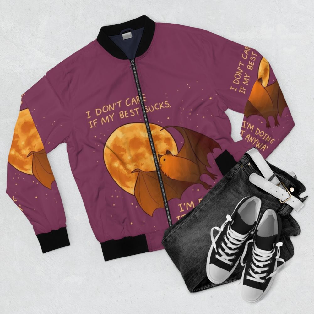 A flying fox bat bomber jacket with a motivational "Mental Health Encouragement" design - Flat lay