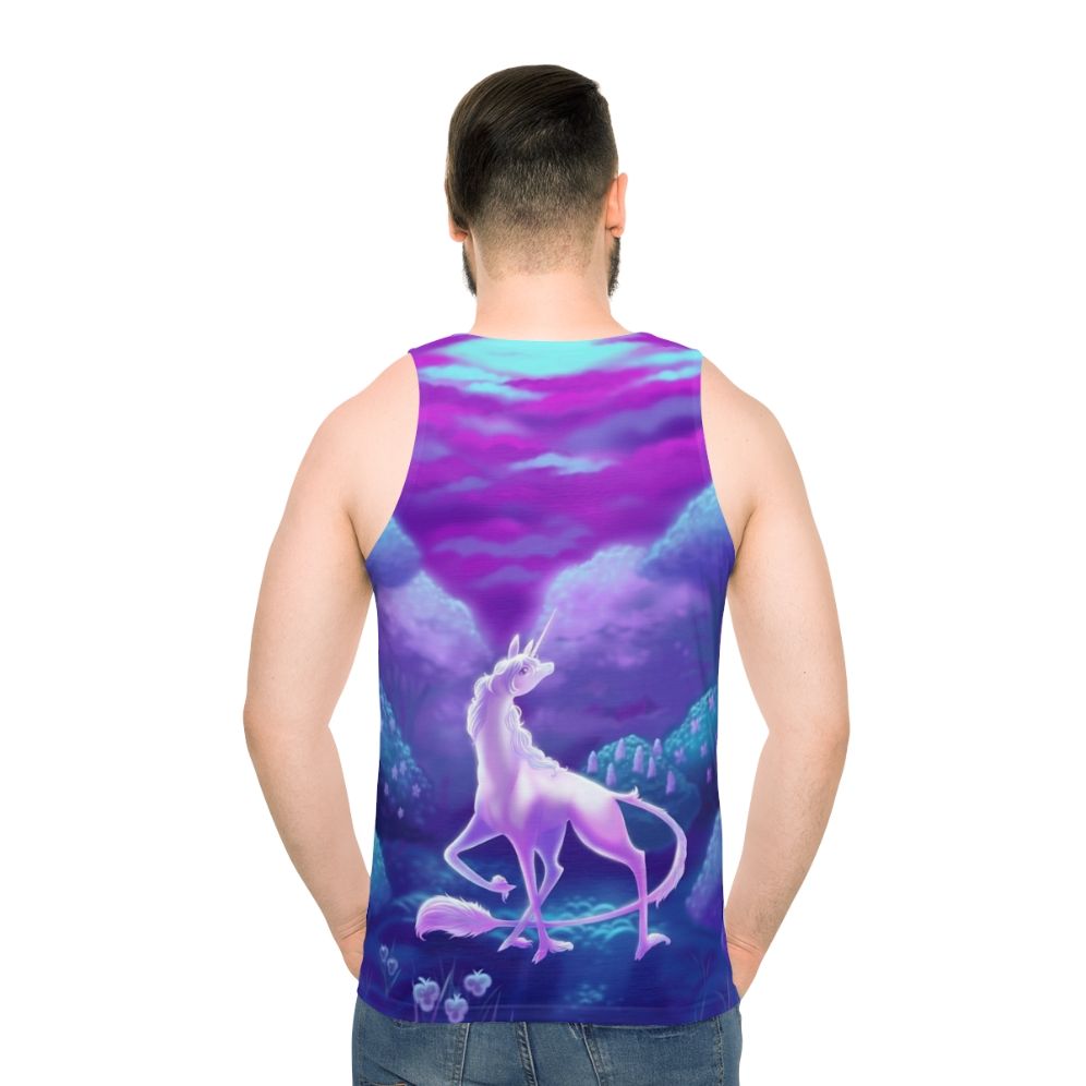 Unisex tank top featuring a minimalist design of the iconic unicorn from 'The Last Unicorn' - men back