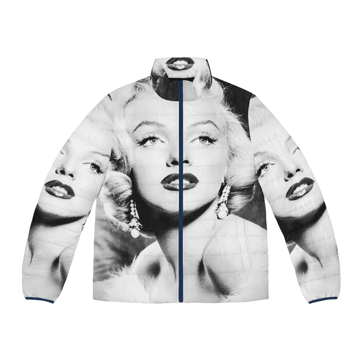 Vintage black and white portrait of Marilyn Monroe wearing a puffer jacket