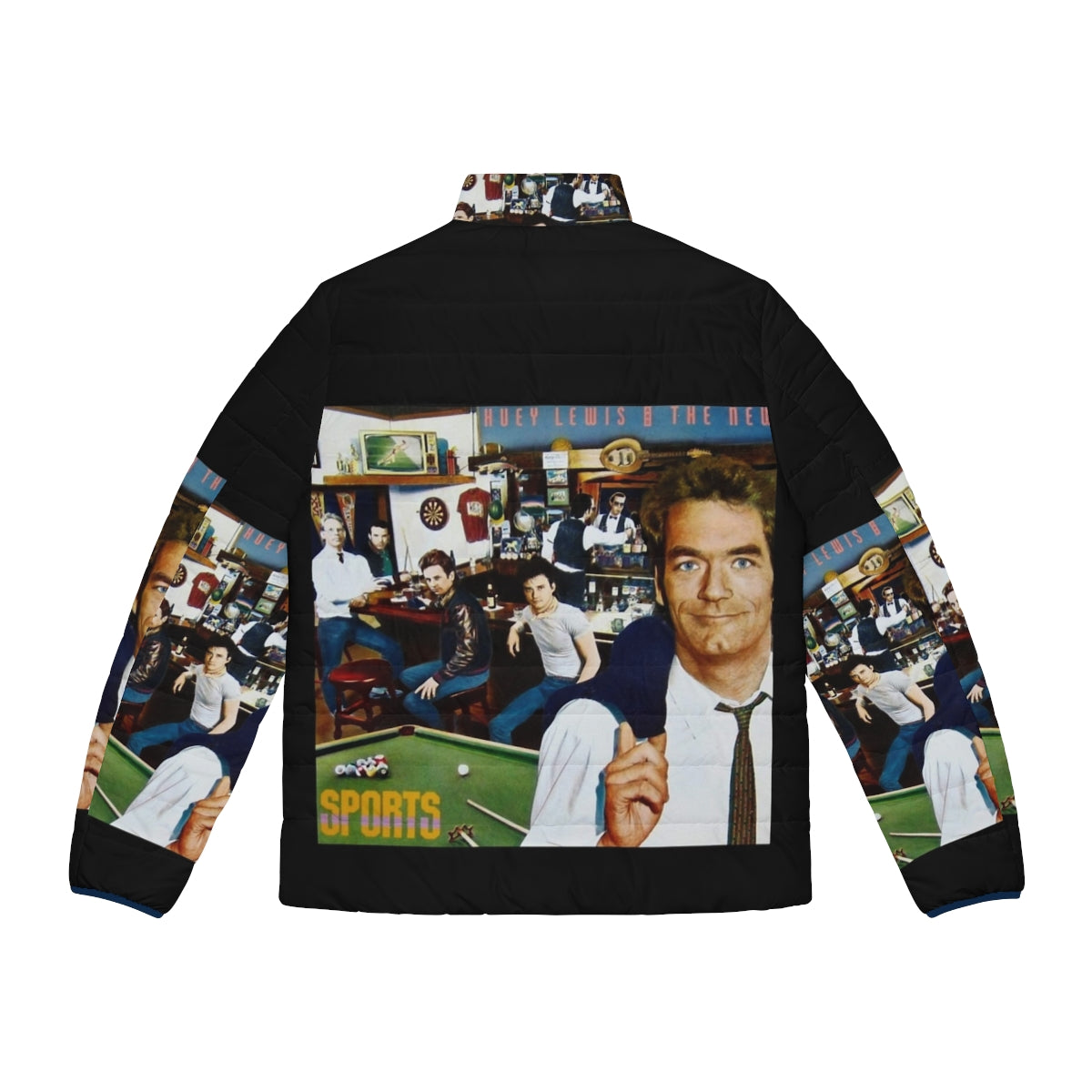 Huey Lewis The News puffer jacket with 80s inspired vector art design - Back