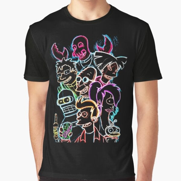 Futurama cartoon graphic t-shirt featuring Bender, Zoidberg, and other characters from the popular animated series