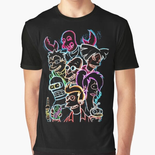 Futurama cartoon graphic t-shirt featuring Bender, Zoidberg, and other characters from the popular animated series