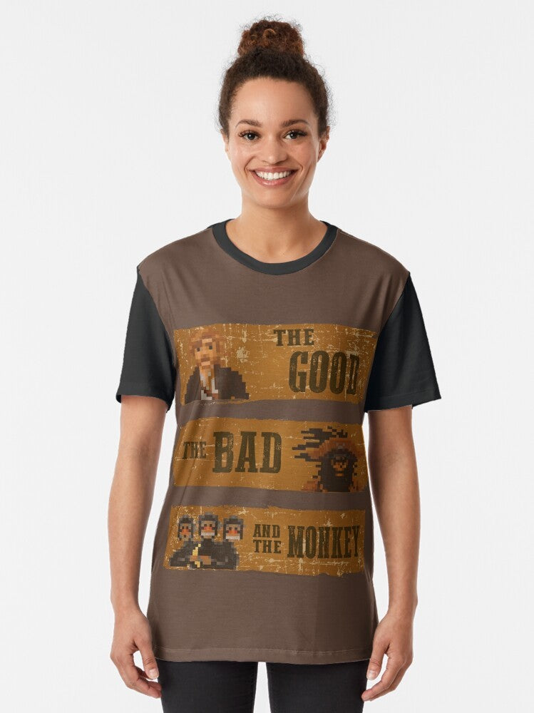 Monkey Island graphic t-shirt featuring the good, the bad, and the monkey characters from the classic 80s videogame. - Women