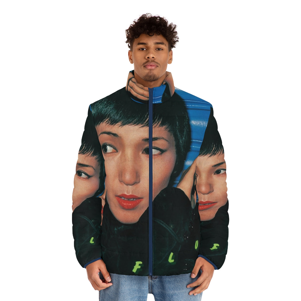 Junko Ohashi inspired vaporwave puffer jacket with retro 80s 90s colorful aesthetic - men front