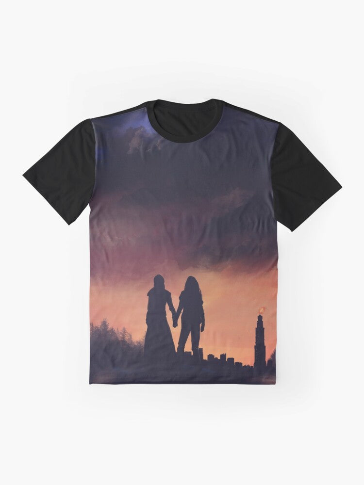 "The 100" Clarke Griffin and Lexa graphic t-shirt design featuring an Earth and sky motif - Flat lay