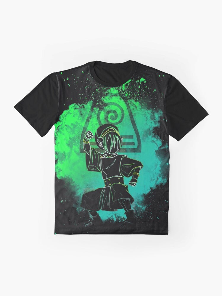 Colorful graphic t-shirt design featuring the silhouette of an earth bender from the Avatar: The Last Airbender cartoon series. - Flat lay