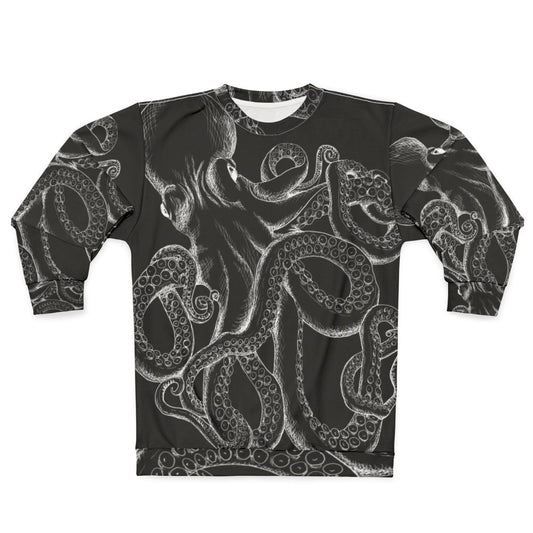 Octopus line art white on black sweatshirt