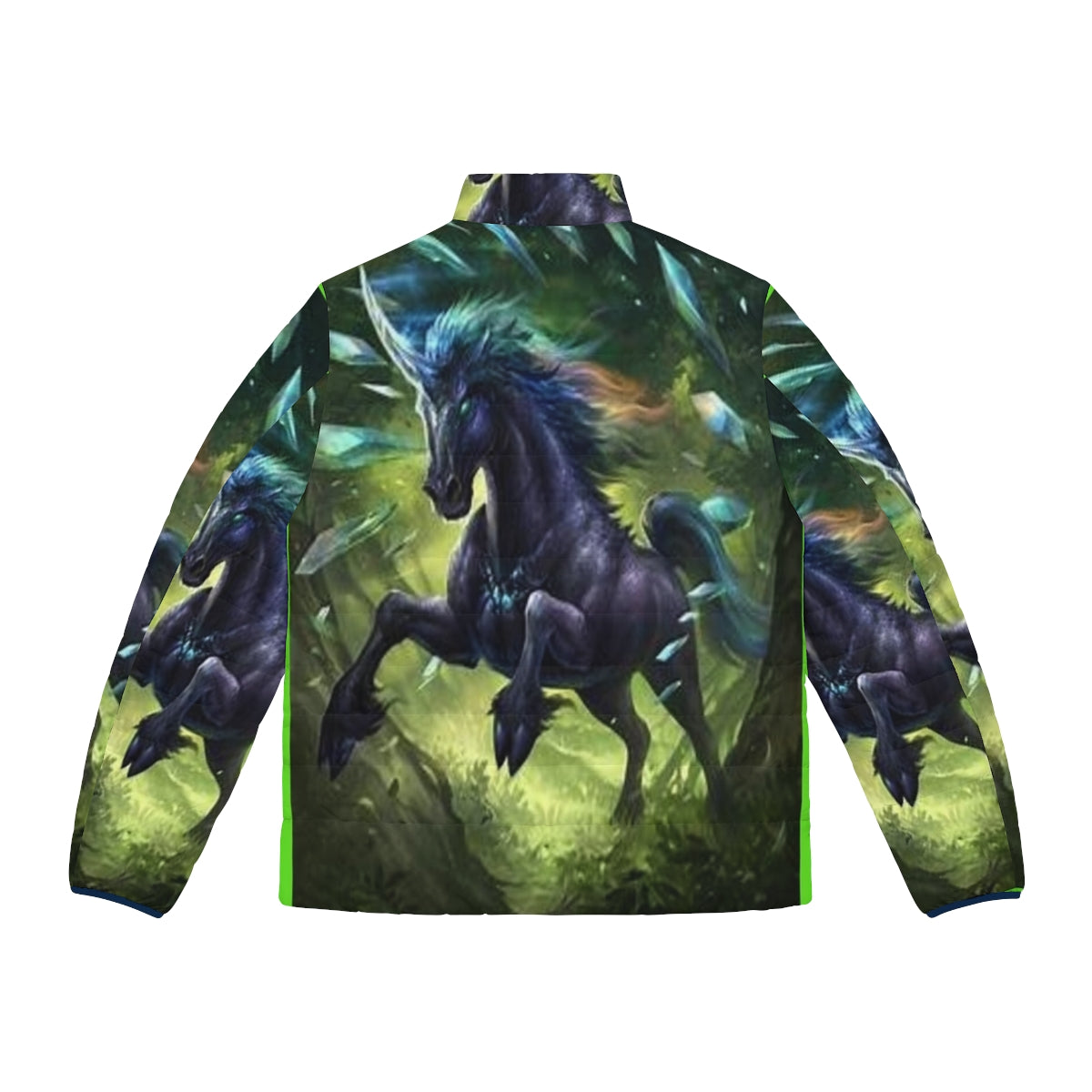 A black unicorn puffer jacket featuring a fantasy animal design - Back