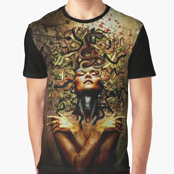 A surrealist graphic tee featuring the mythical Medusa with snakes as hair.