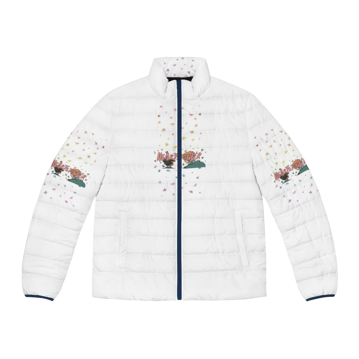 Heartstopper inspired puffer jacket featuring LGBTQ-themed design