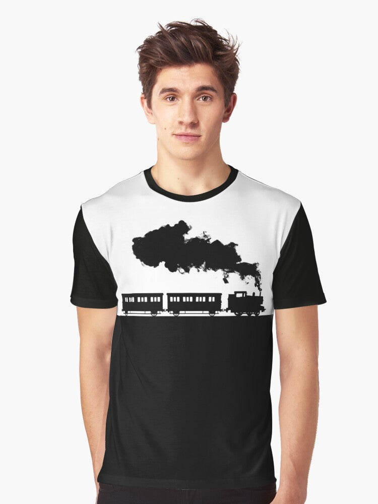 Graphic t-shirt featuring silhouettes of Thomas the Tank Engine, Annie, and Clarabel from the classic British children's series - Men