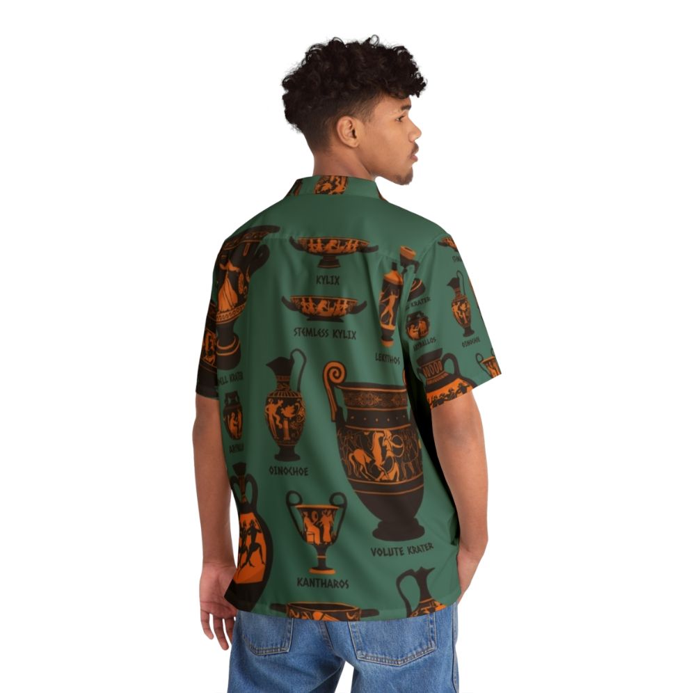 Ancient Greek Pottery Hawaiian Shirt featuring designs inspired by Greek mythology and archaeological artifacts - Flat lay