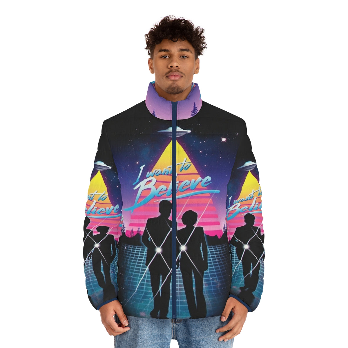 "I Want to Believe" Puffer Jacket featuring a retro sci-fi aesthetic - men front