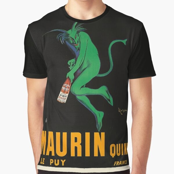 Vintage Maurin Quina wine label graphic t-shirt featuring the devilish design by Italian artist Leonetto Cappiello.