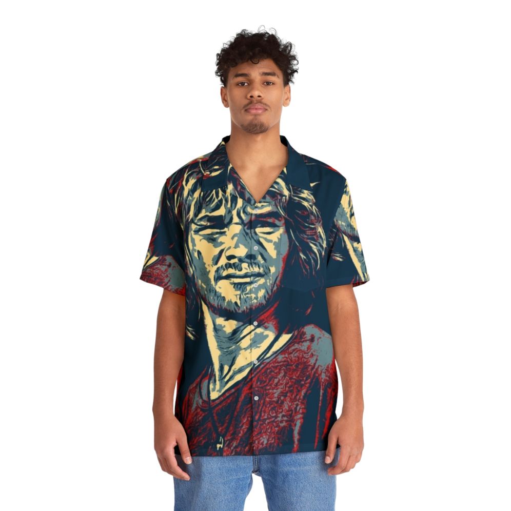 Patrick Swayze Wearing a Colorful Hawaiian Shirt - People Front