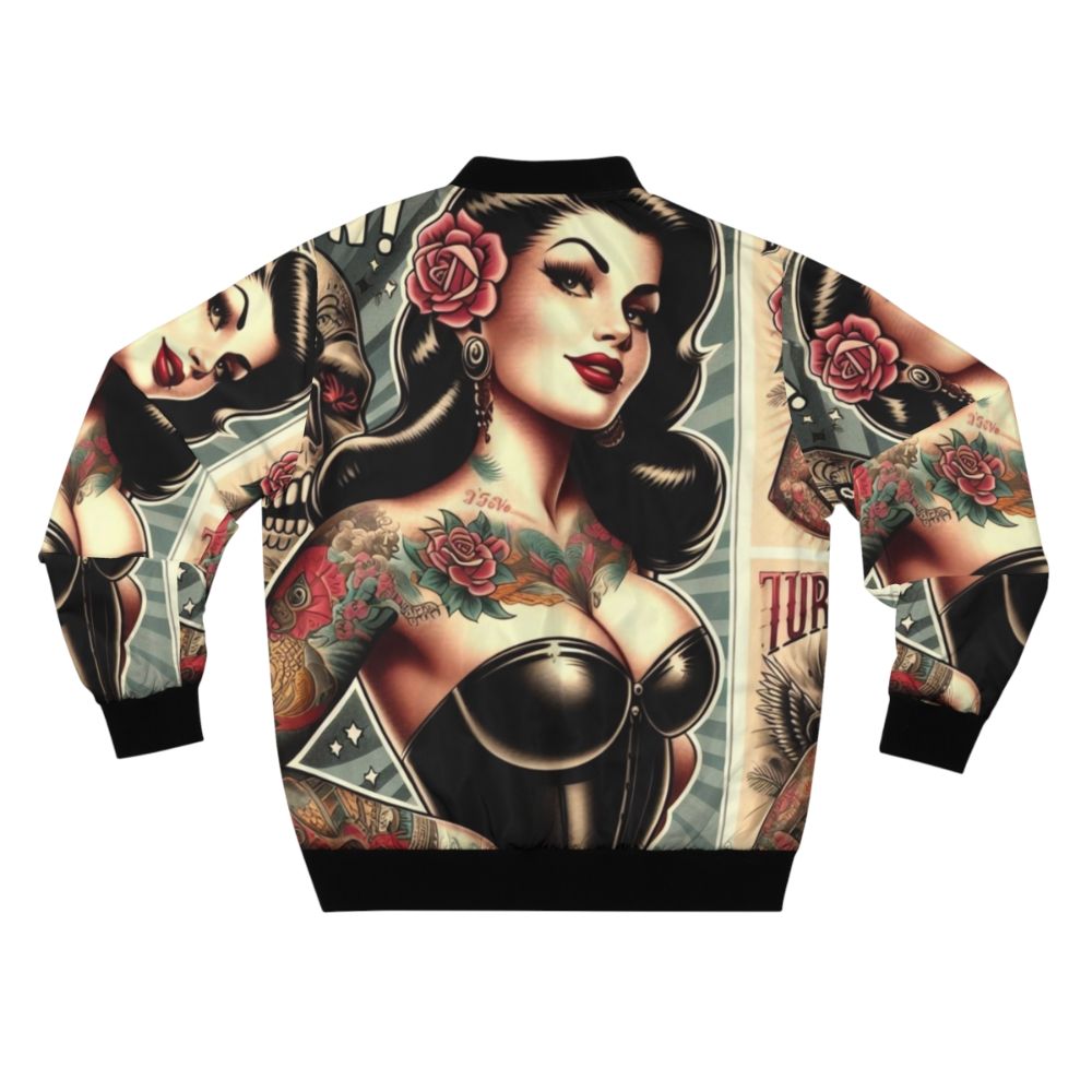 Vintage tattoo pinup bomber jacket with a hot tattooed girl design - Back