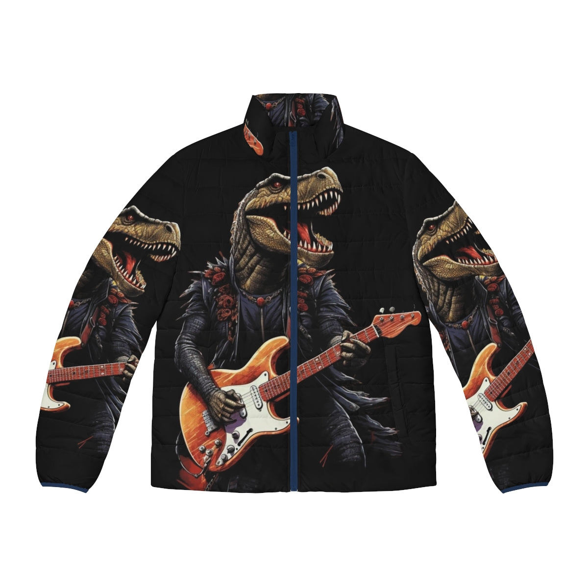 A dinosaur playing a guitar on a puffer jacket, a fun and unique prehistoric rock music lover gift.